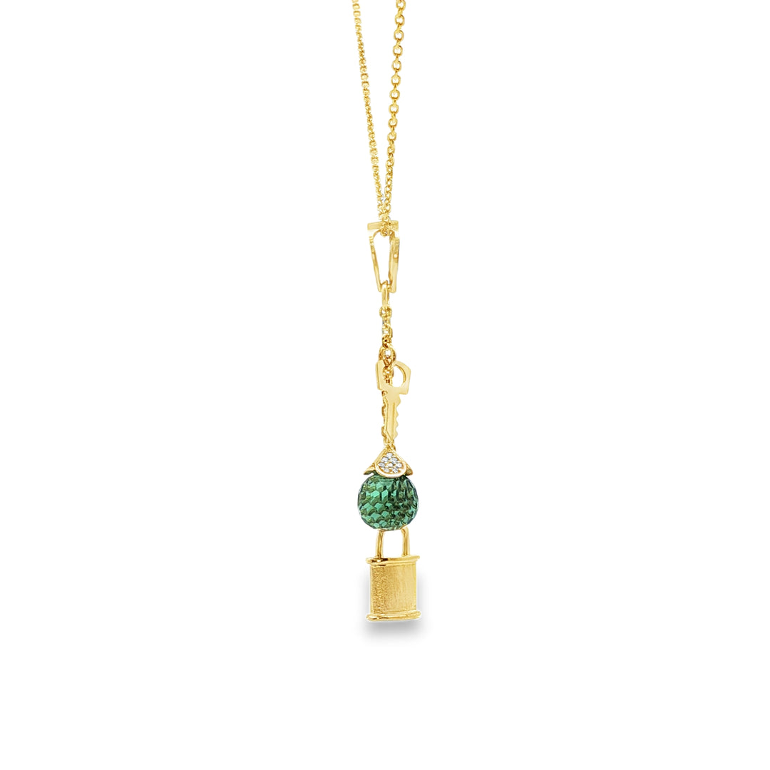 Yellow Gold Charm Necklace with Green Crystal Pendant