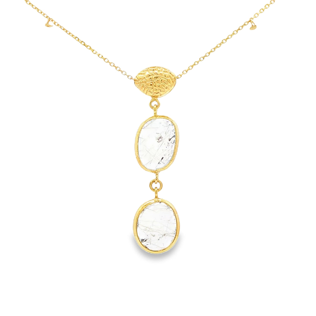 Yellow Gold Charm Necklace with Oval Quartz Cabochon Pendants