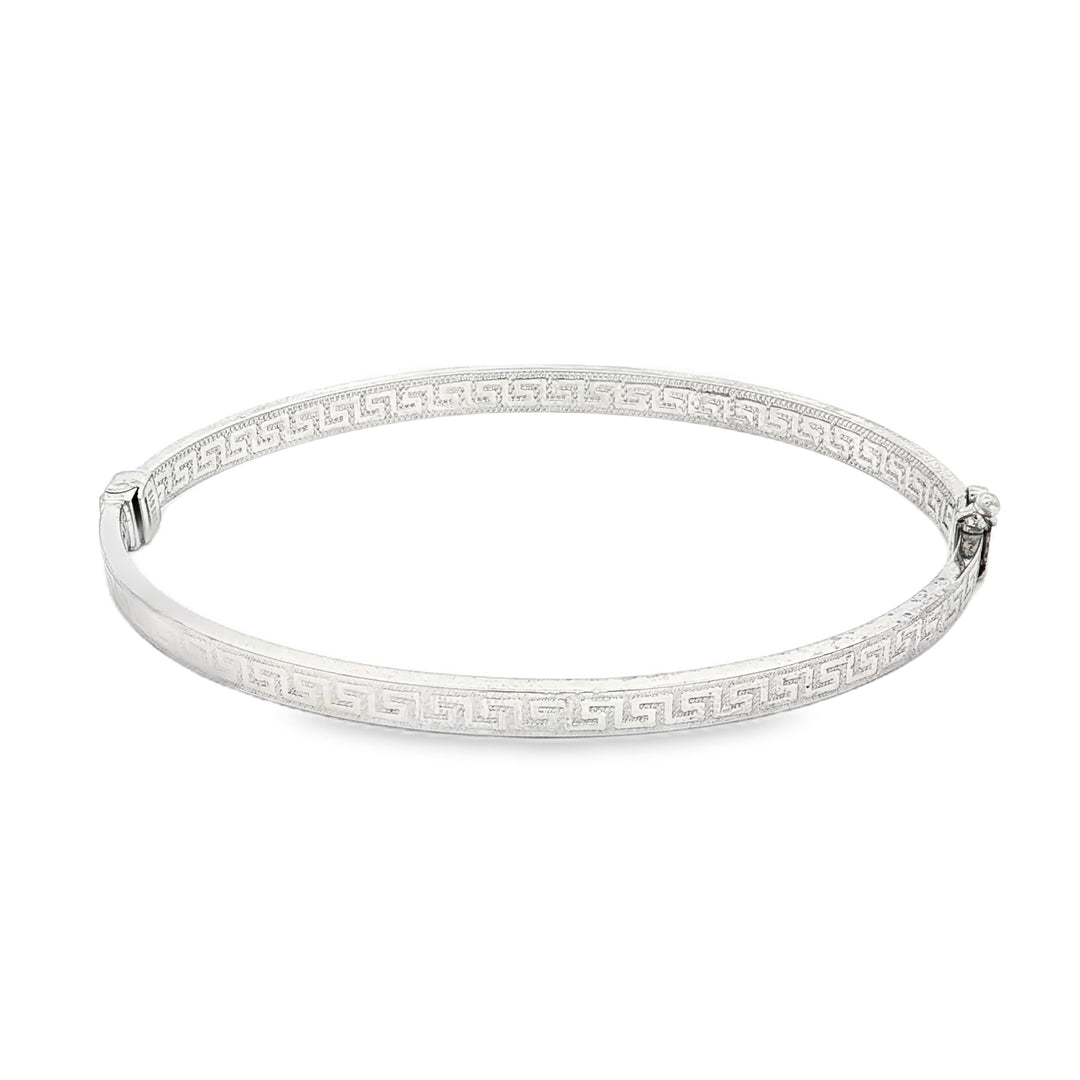 White Gold Greek Key Pattern Bangle Bracelet