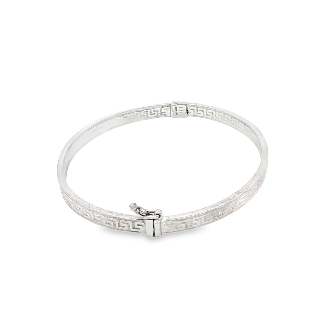 White Gold Greek Key Pattern Bangle Bracelet