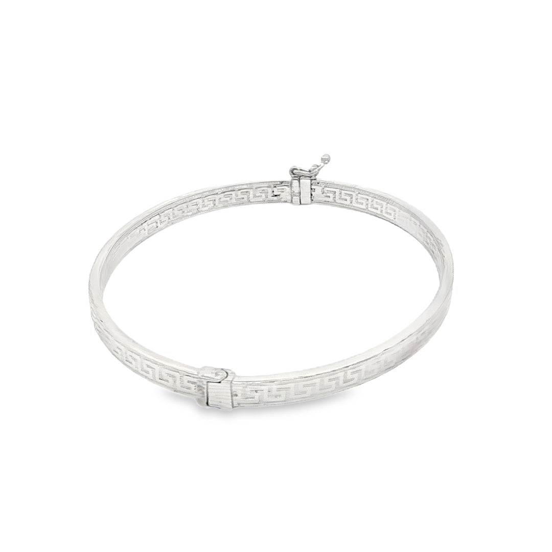 White Gold Greek Key Pattern Bangle Bracelet