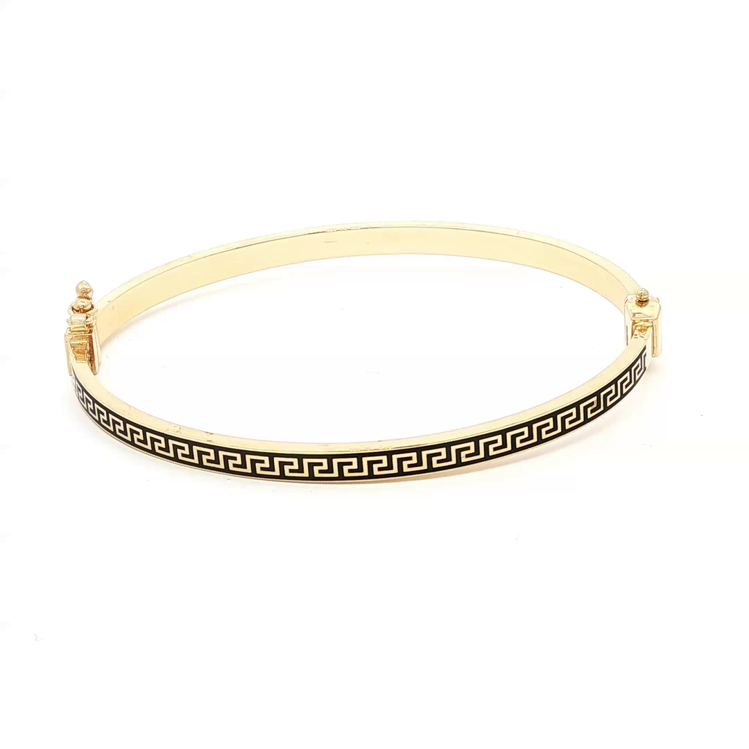 Yellow Gold Bangle Bracelet with Black Greek Key Design