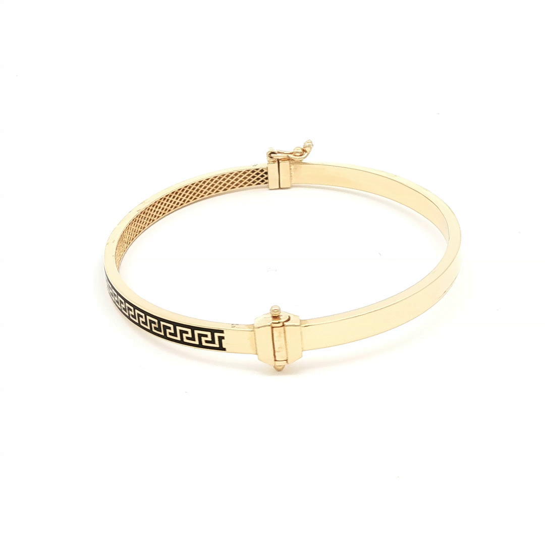 Yellow Gold Bangle Bracelet with Black Greek Key Design