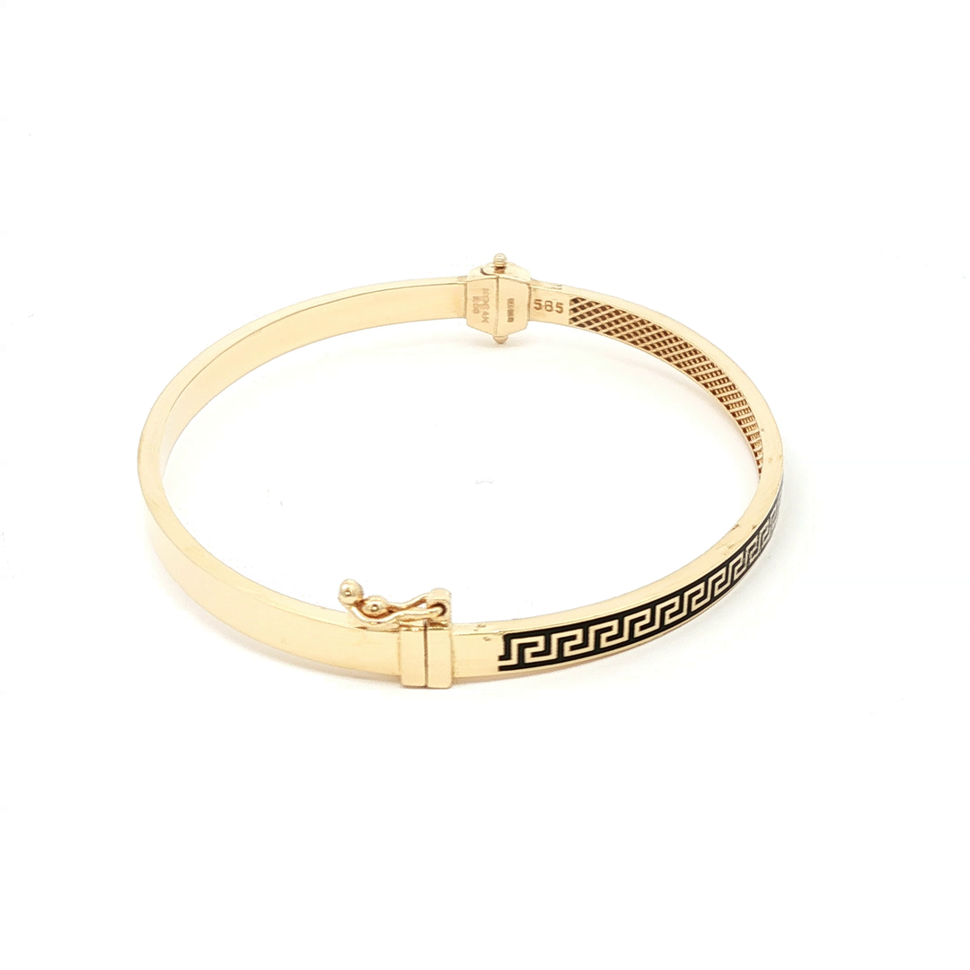 Yellow Gold Bangle Bracelet with Black Greek Key Design