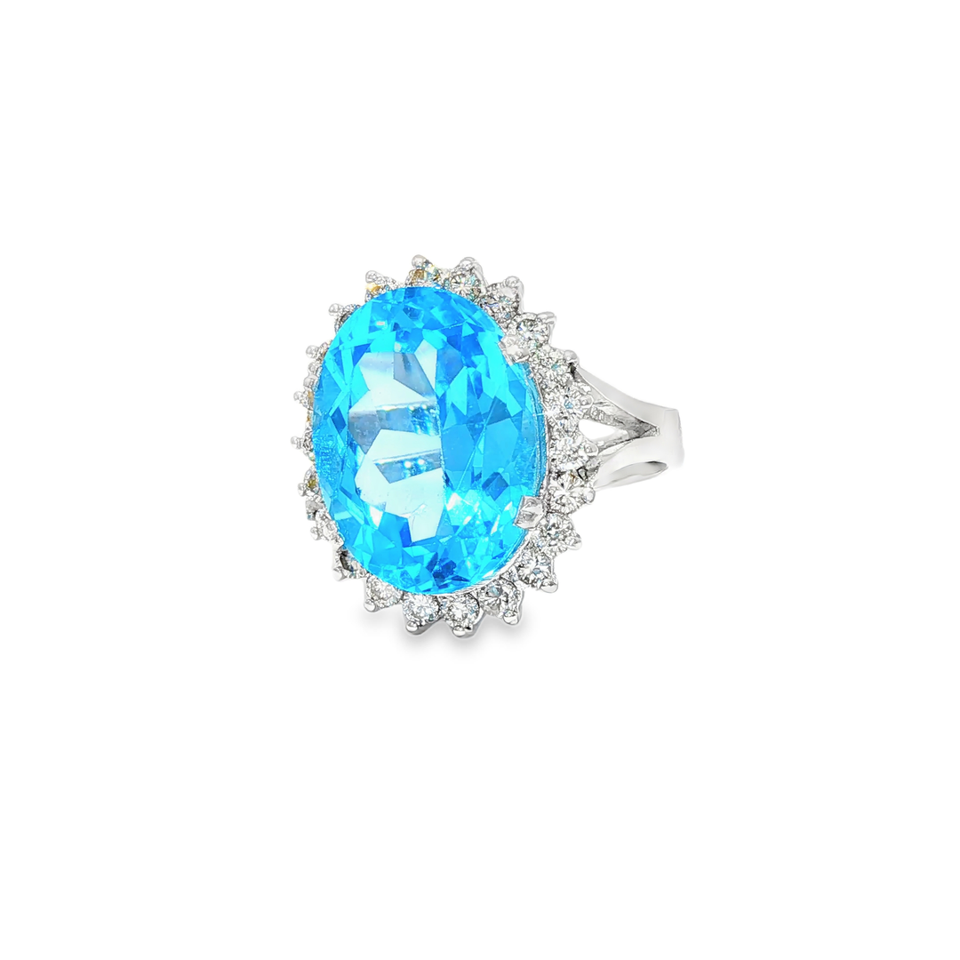 White Gold Ring with Brilliant Cut Blue Topaz and Diamon