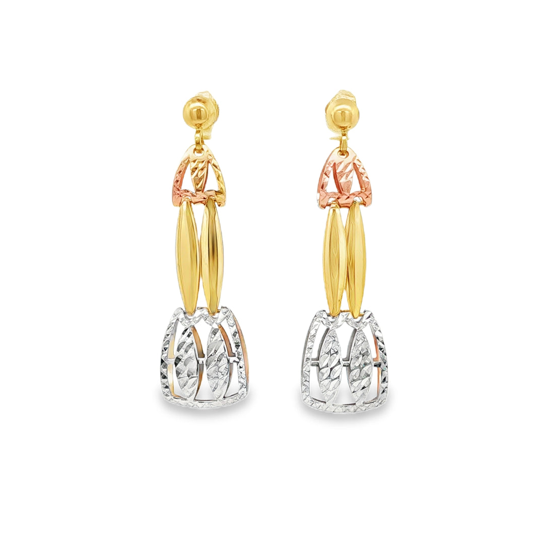 Elegant 14ct Triple Tone Gold Dangle Earrings with Geometric Design