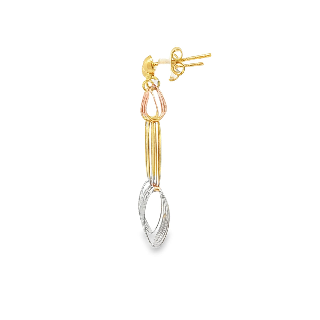 Elegant 14ct Triple Tone Gold Dangle Earrings with Geometric Design