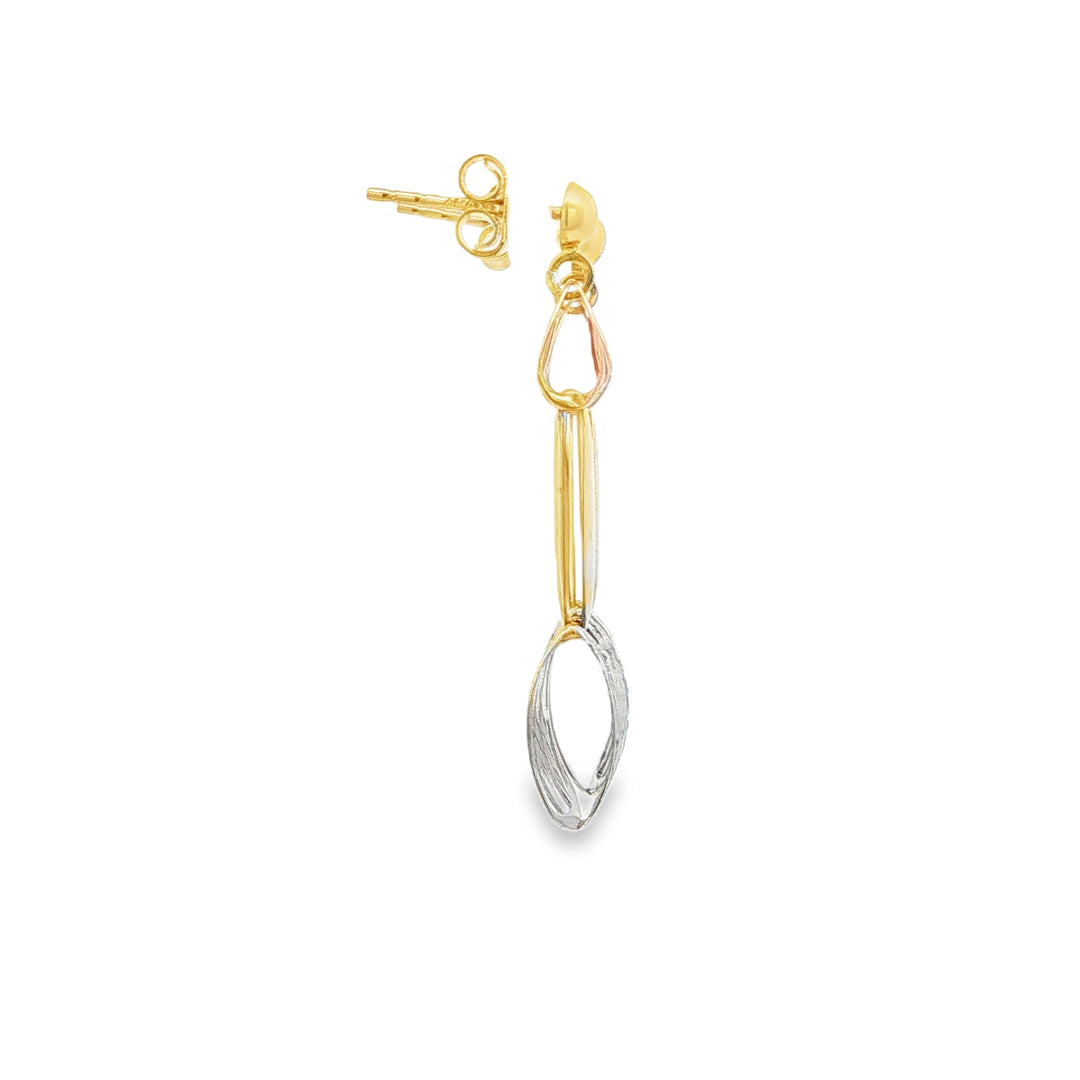 Elegant 14ct Triple Tone Gold Dangle Earrings with Geometric Design