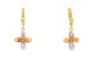 Floral Motif Tri-Colour Gold Dangle Earrings