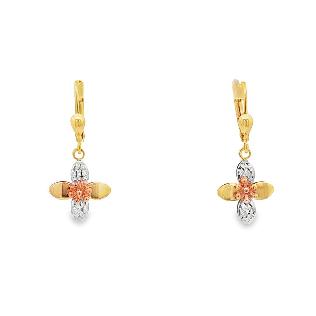Floral Motif Tri-Colour Gold Dangle Earrings