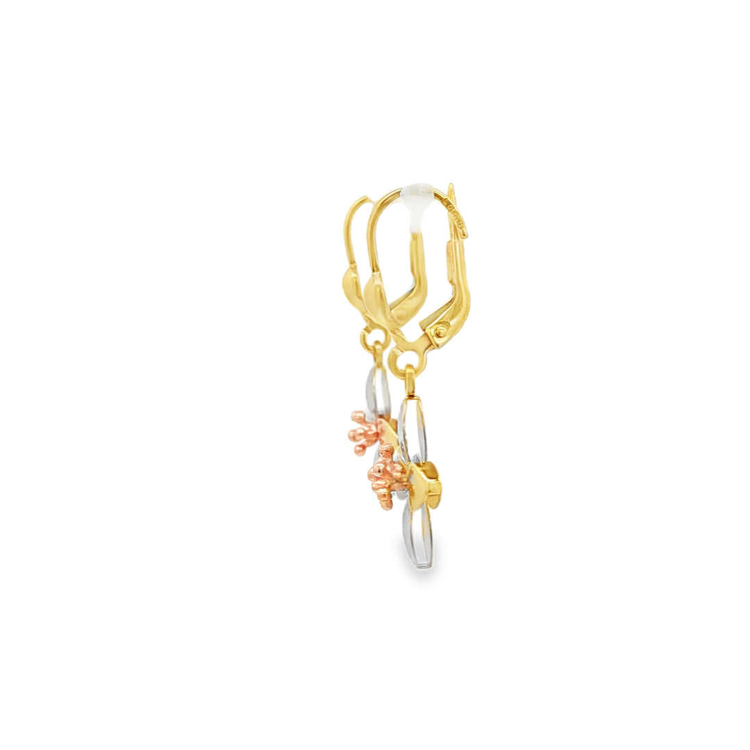 Floral Motif Tri-Colour Gold Dangle Earrings