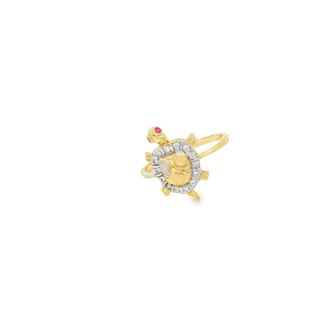 Yellow Gold Turtle Cocktail Ring with Cabochon Ruby & CZ