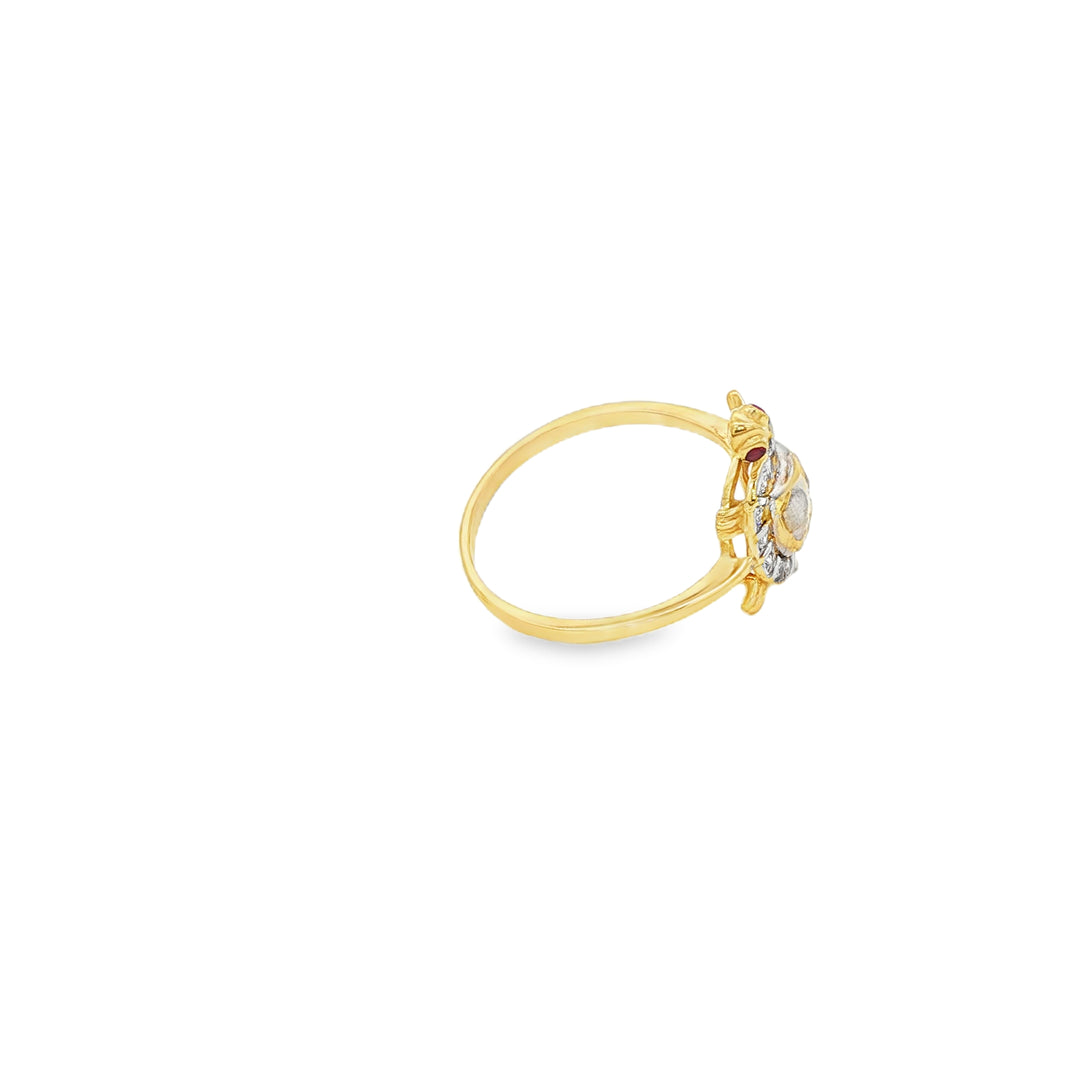 Yellow Gold Turtle Cocktail Ring with Cabochon Ruby & CZ