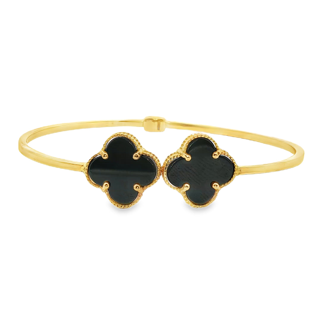 Yellow Gold Bangle with Onyx Clover Accents