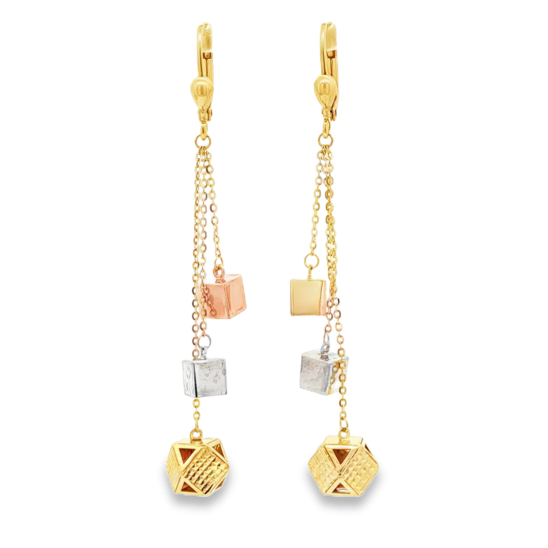 Yellow Gold Geometric Cube Dangle Earrings