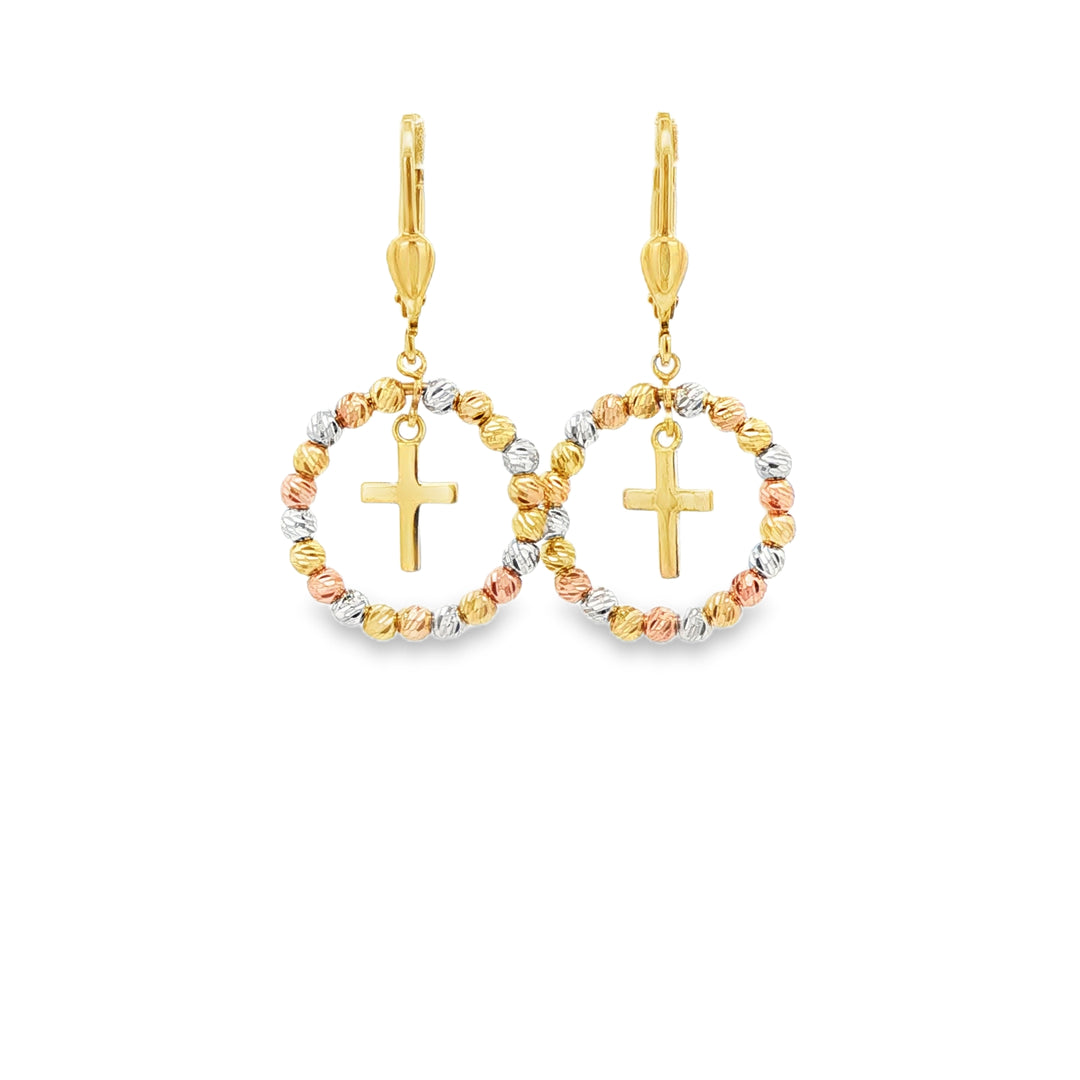 Tri-Gold Cross Dangle Earrings