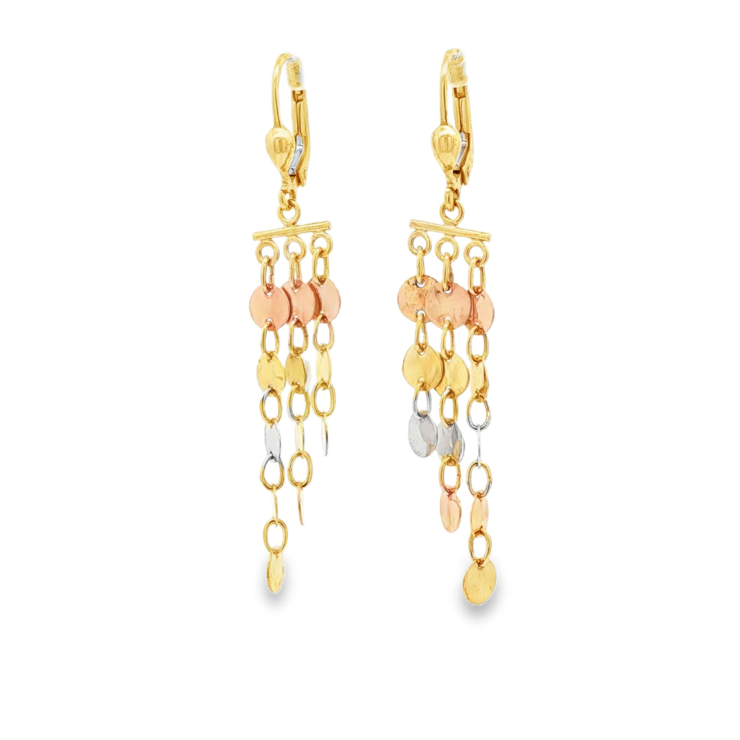 Tri-Color Disc Dangle Earrings in Yellow Gold