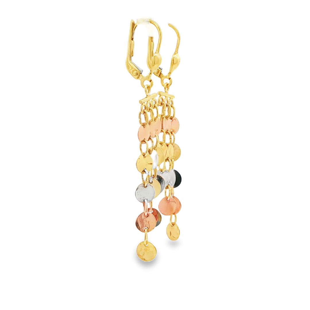 Tri-Color Disc Dangle Earrings in Yellow Gold