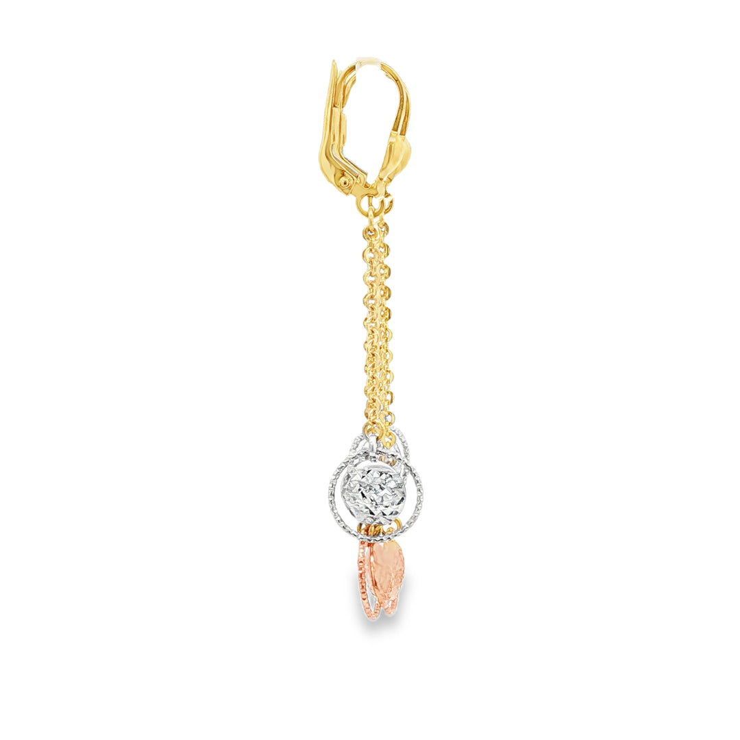 Tri-Gold Dangle Earrings with Textured Spherical Charms