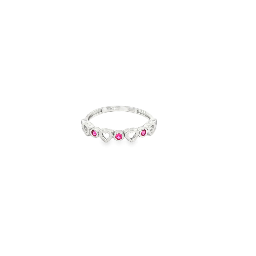 White Gold Band Ring with Ruby Accents and Heart Motifs