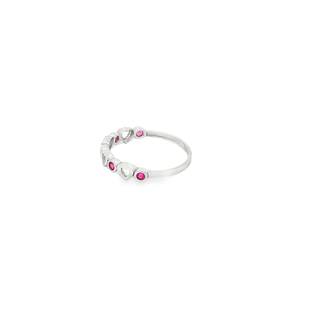 White Gold Band Ring with Ruby Accents and Heart Motifs