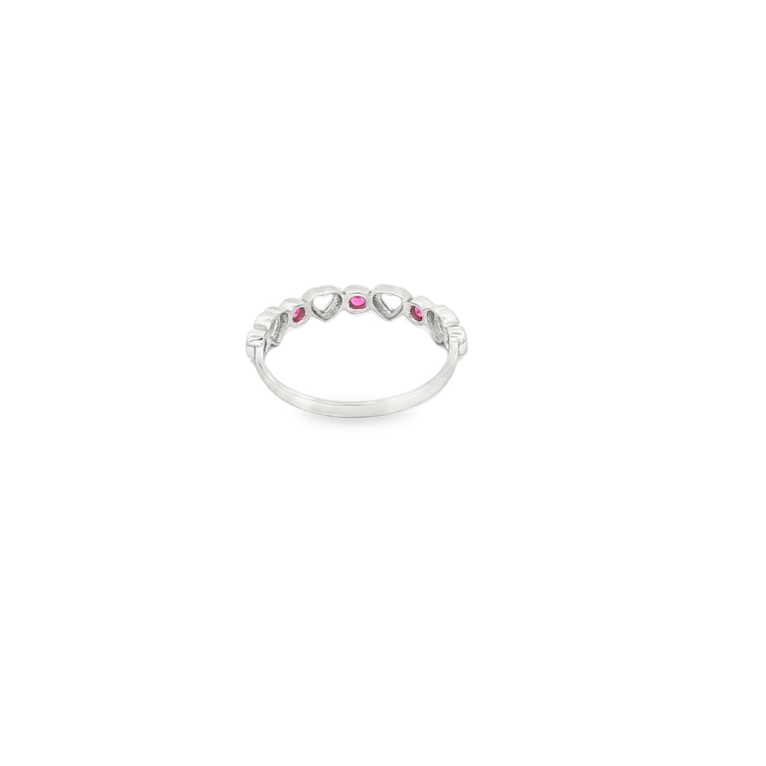White Gold Band Ring with Ruby Accents and Heart Motifs