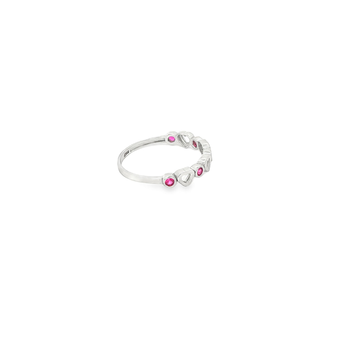 White Gold Band Ring with Ruby Accents and Heart Motifs
