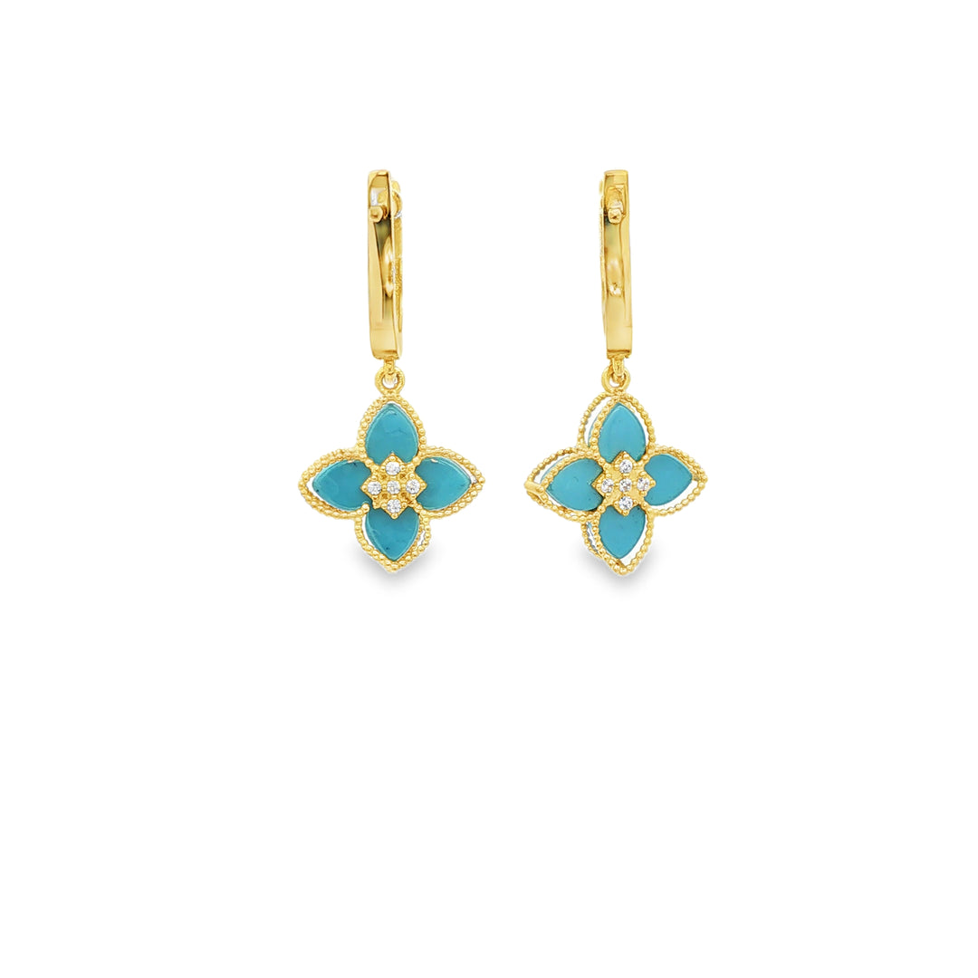 Yellow Gold Dangle Earrings with Bluish Turquoise