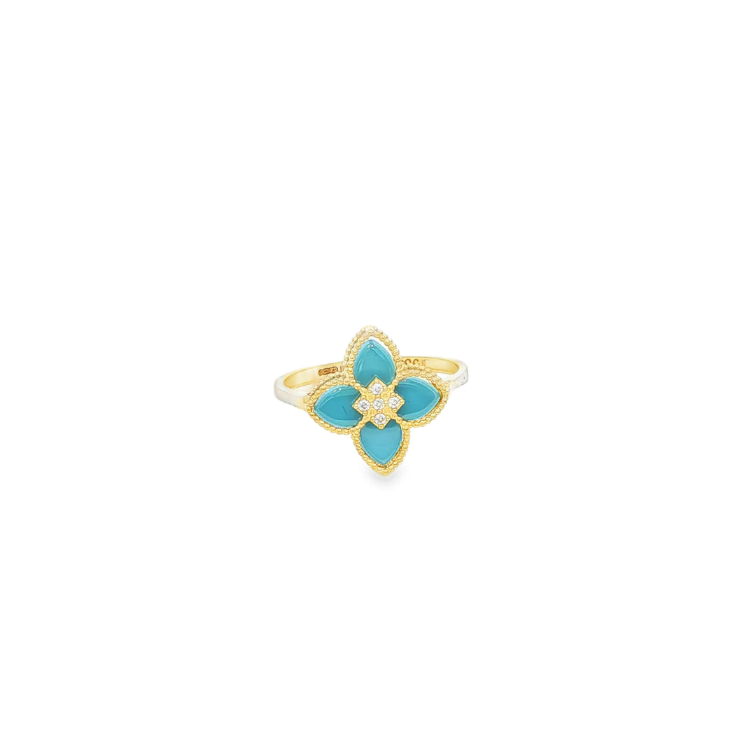 Yellow Gold Multi-Stone Ring with Bluish Turquoise Flower Design