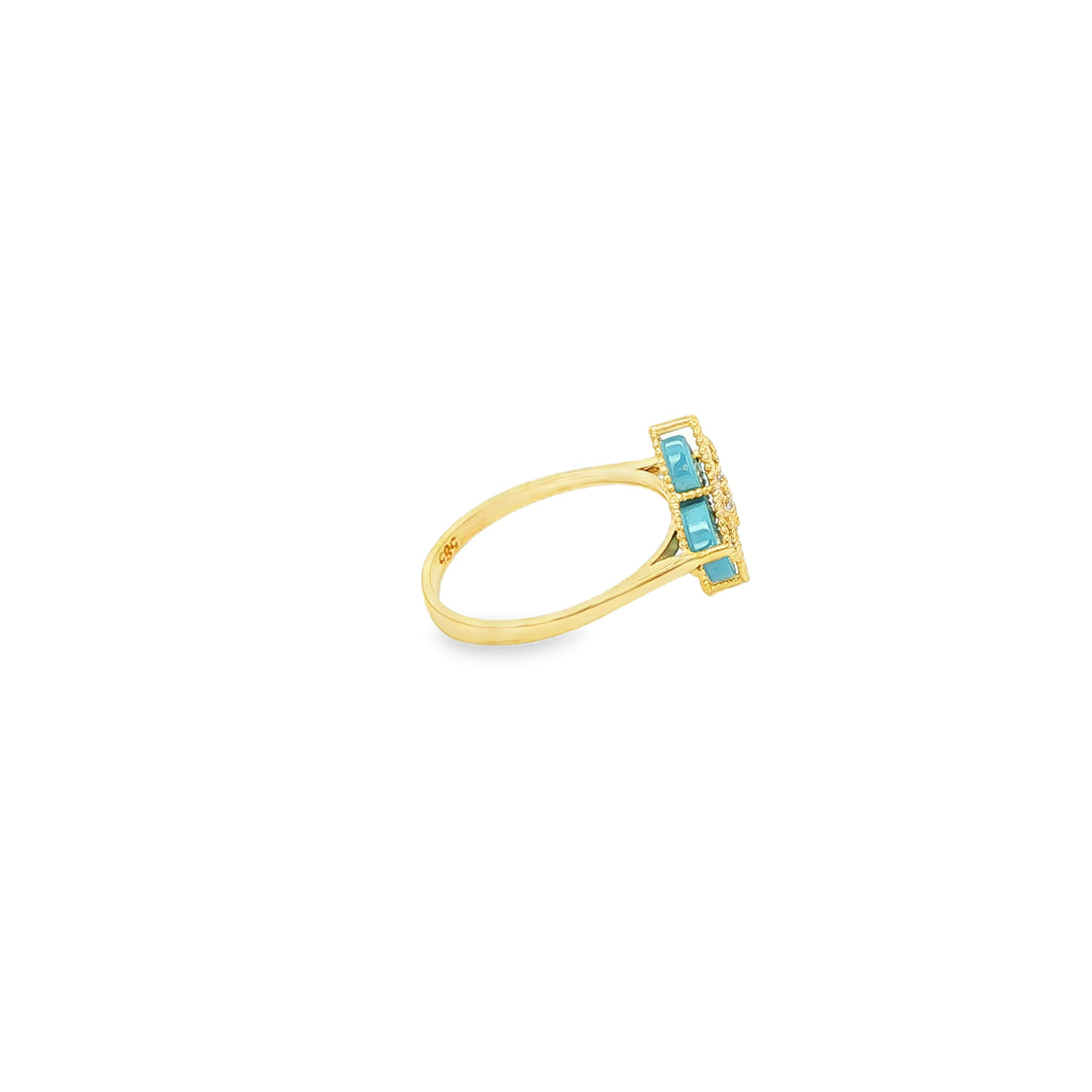 Yellow Gold Multi-Stone Ring with Bluish Turquoise Flower Design