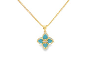 Yellow Gold Charm Necklace with Bluish Turquoise Flower Pendant