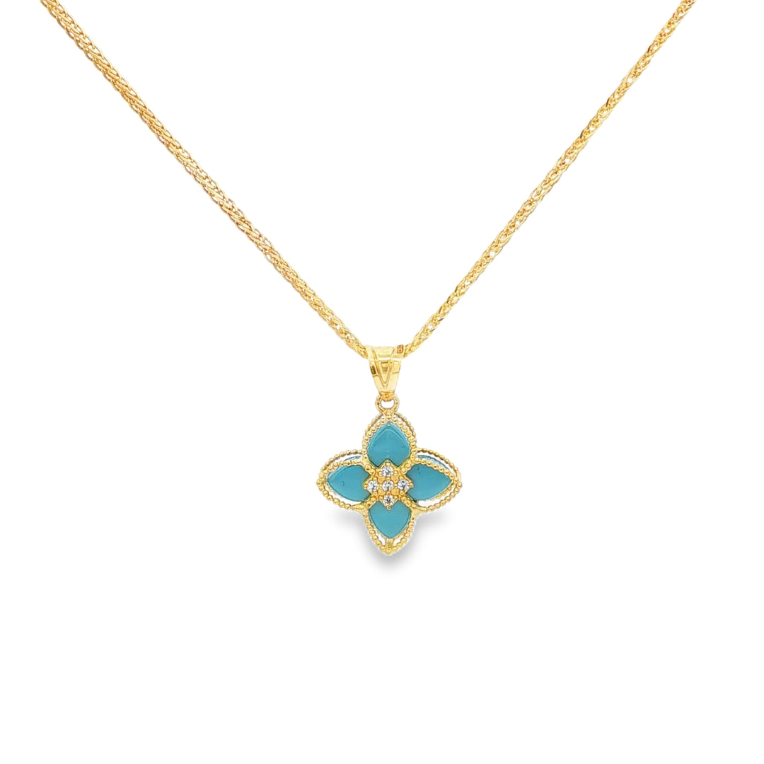 Yellow Gold Charm Necklace with Bluish Turquoise Flower Pendant