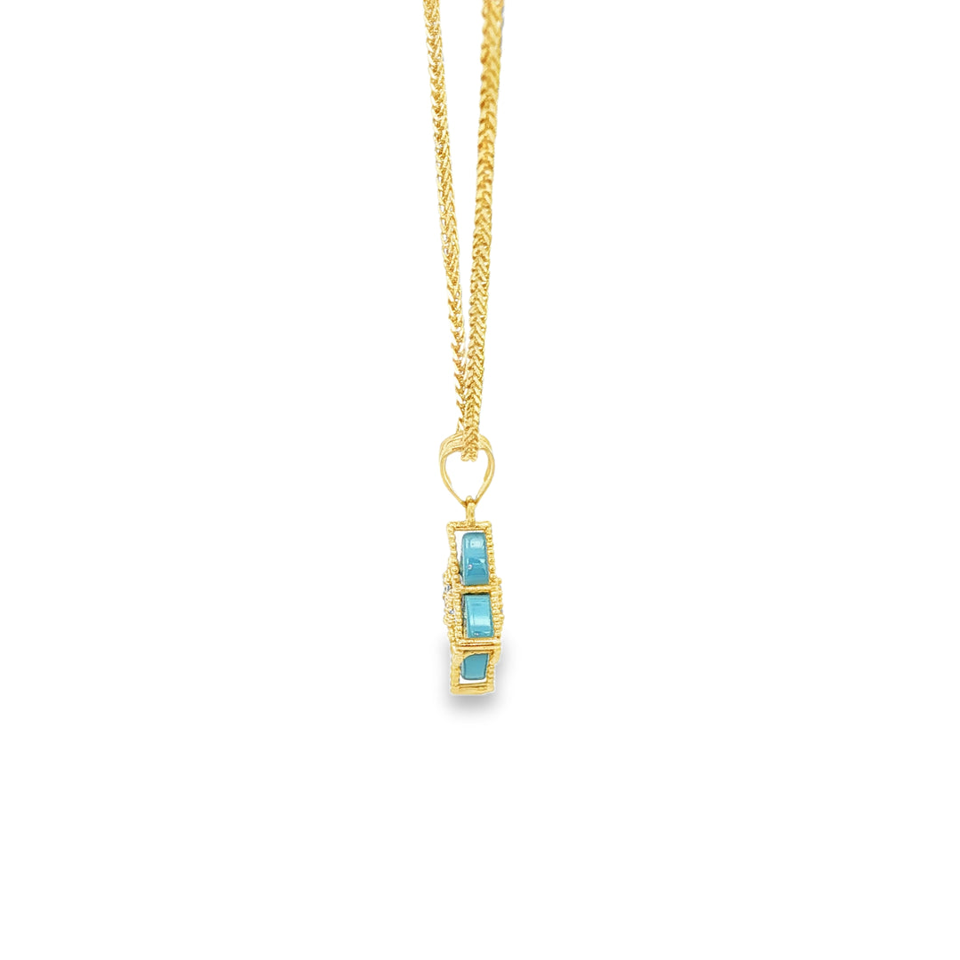 Yellow Gold Charm Necklace with Bluish Turquoise Flower Pendant