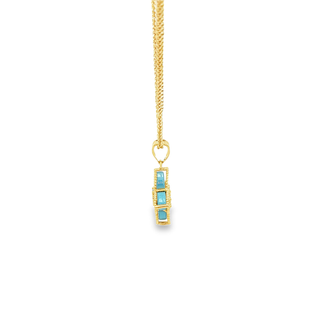 Yellow Gold Charm Necklace with Bluish Turquoise Flower Pendant