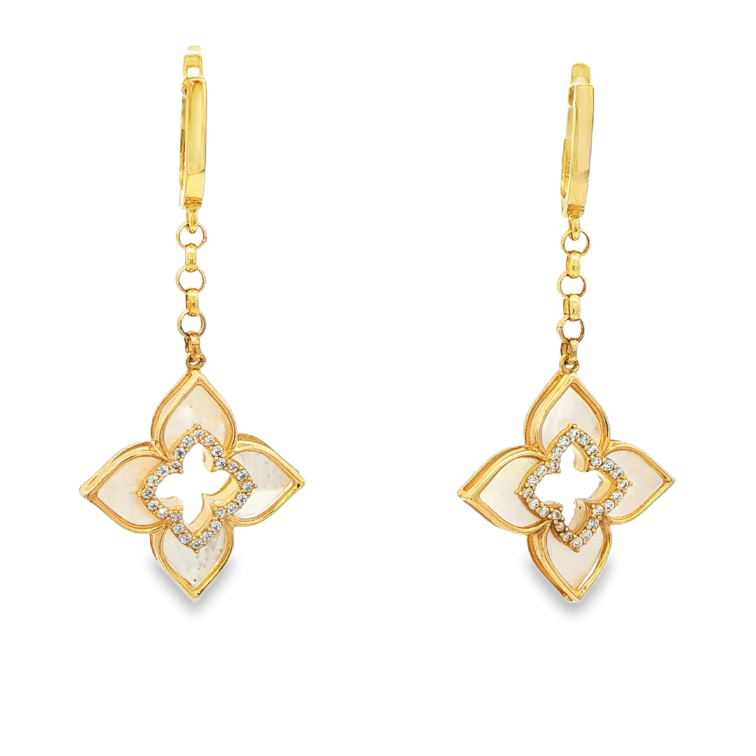 Yellow Gold Dangle Earrings with Mother of Pearl