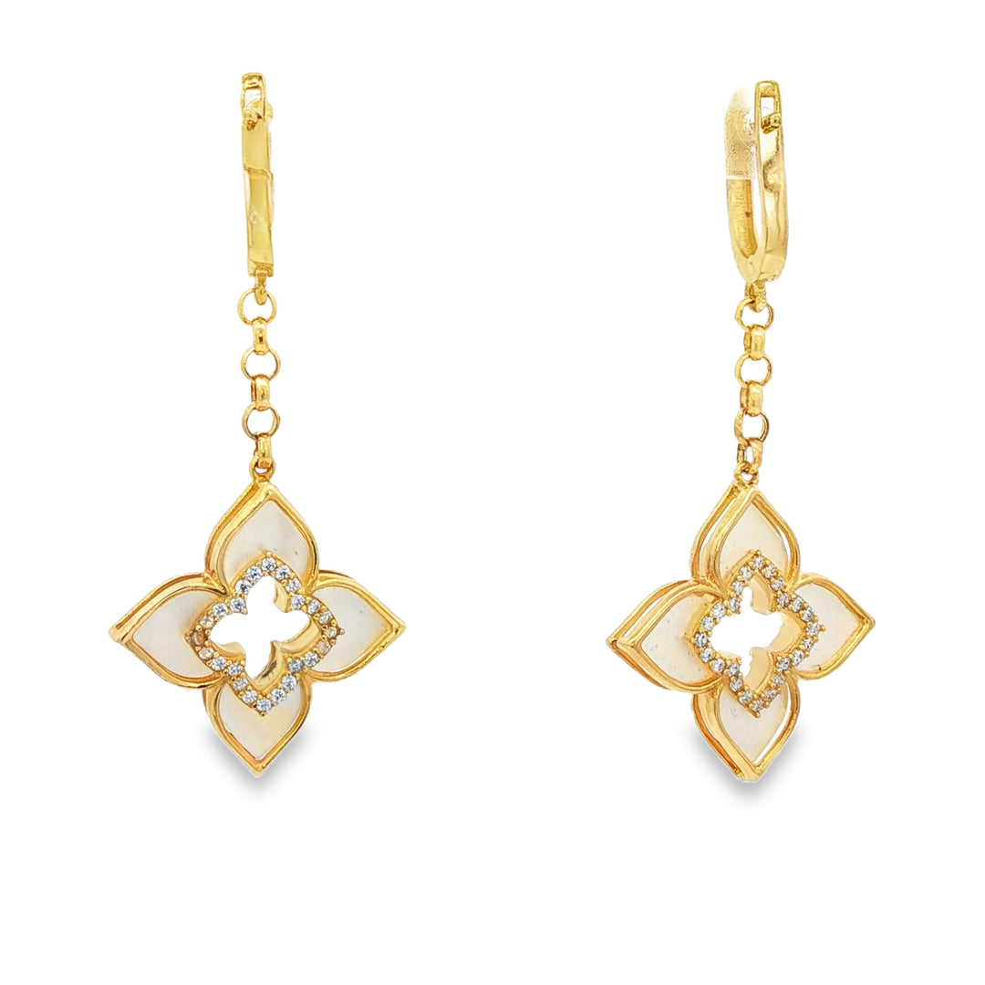 Yellow Gold Dangle Earrings with Mother of Pearl