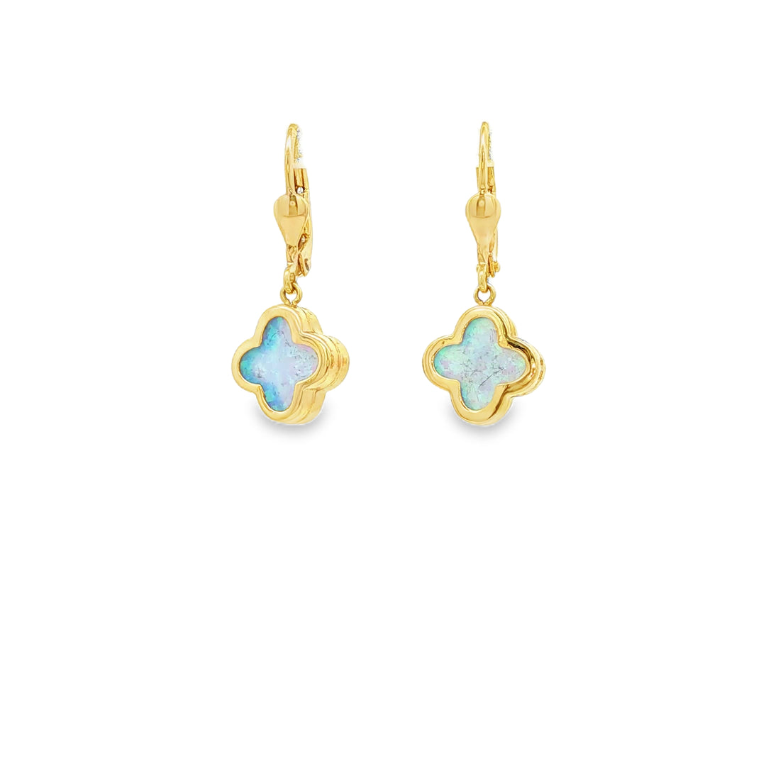 Yellow Gold Dangle Earrings with Bluish-Green Opal Cabochons