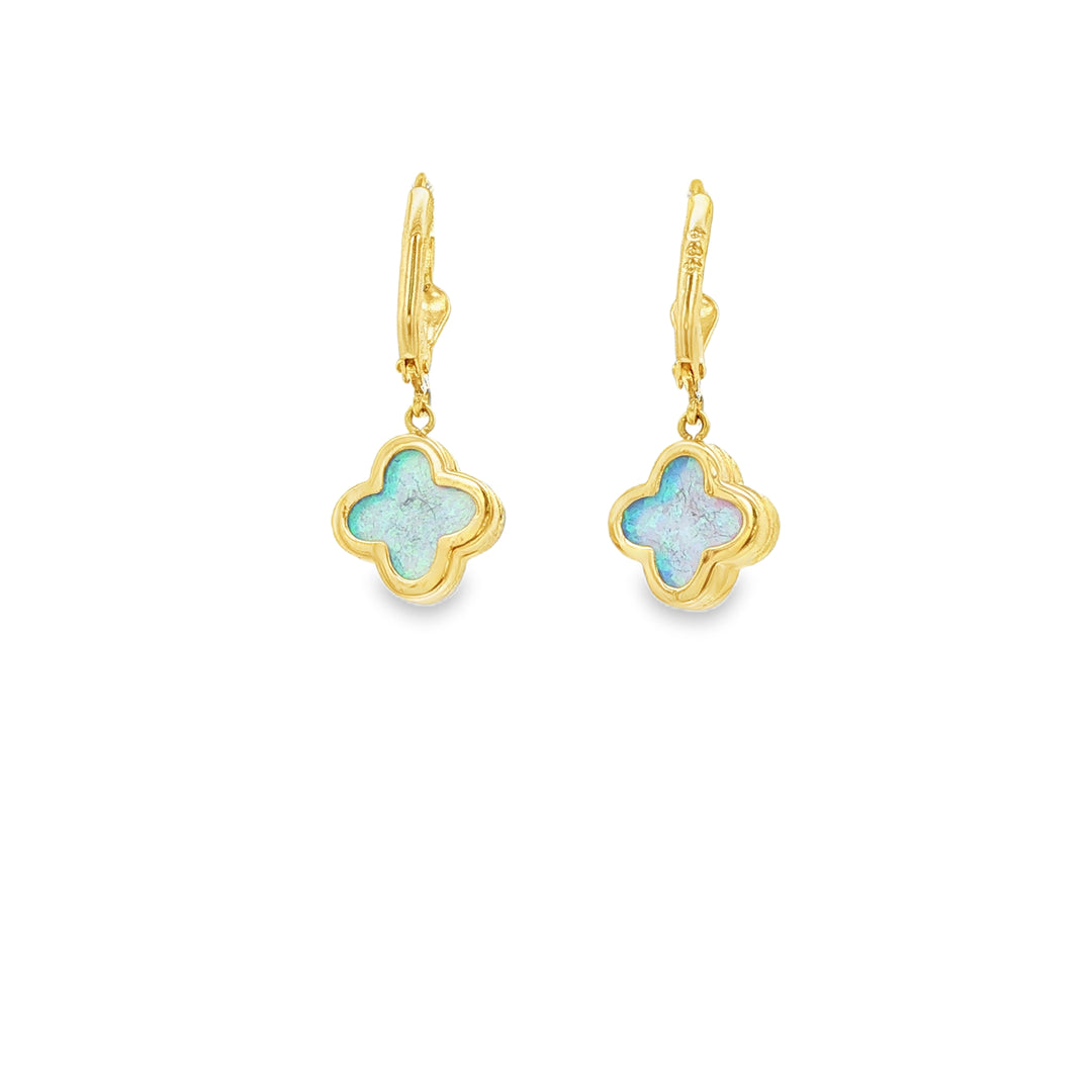 Yellow Gold Dangle Earrings with Bluish-Green Opal Cabochons