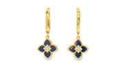 Yellow Gold Dangle Earrings with Royal Blue stone and CZ Floral Quatrefoil