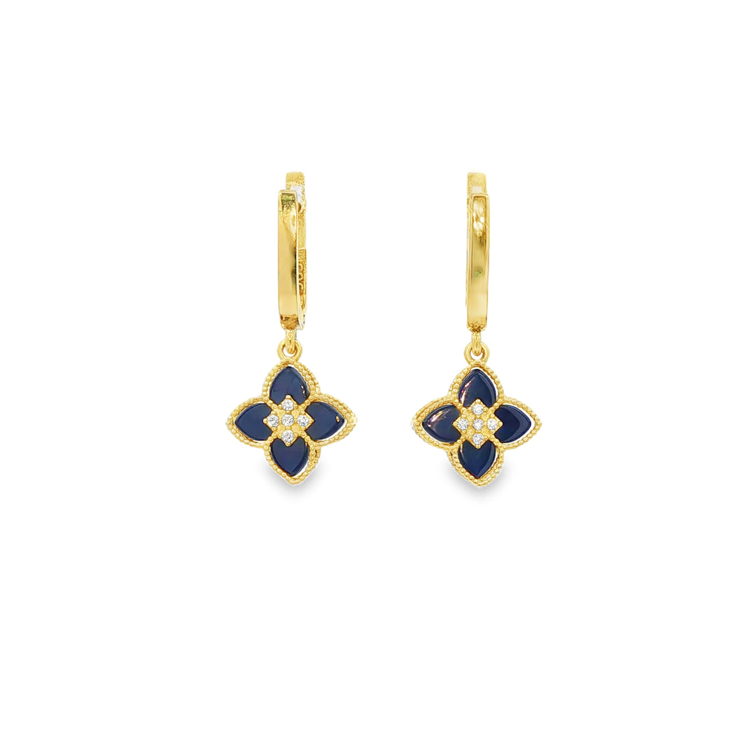 Yellow Gold Dangle Earrings with Royal Blue stone and CZ Floral Quatrefoil