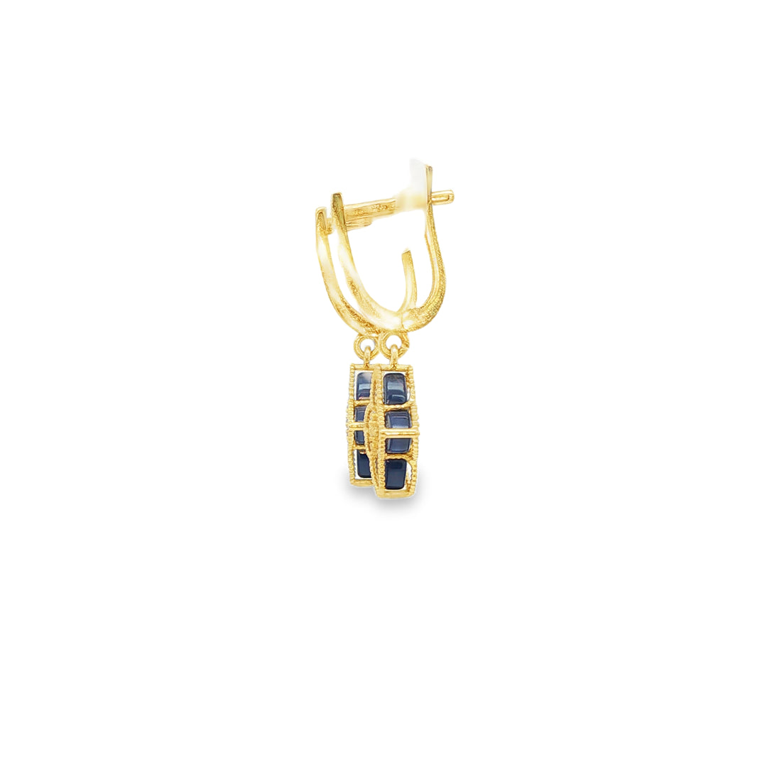 Yellow Gold Dangle Earrings with Royal Blue stone and CZ Floral Quatrefoil