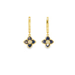 Load image into Gallery viewer, Yellow Gold Dangle Earrings with Royal Blue stone and CZ Floral Quatrefoil