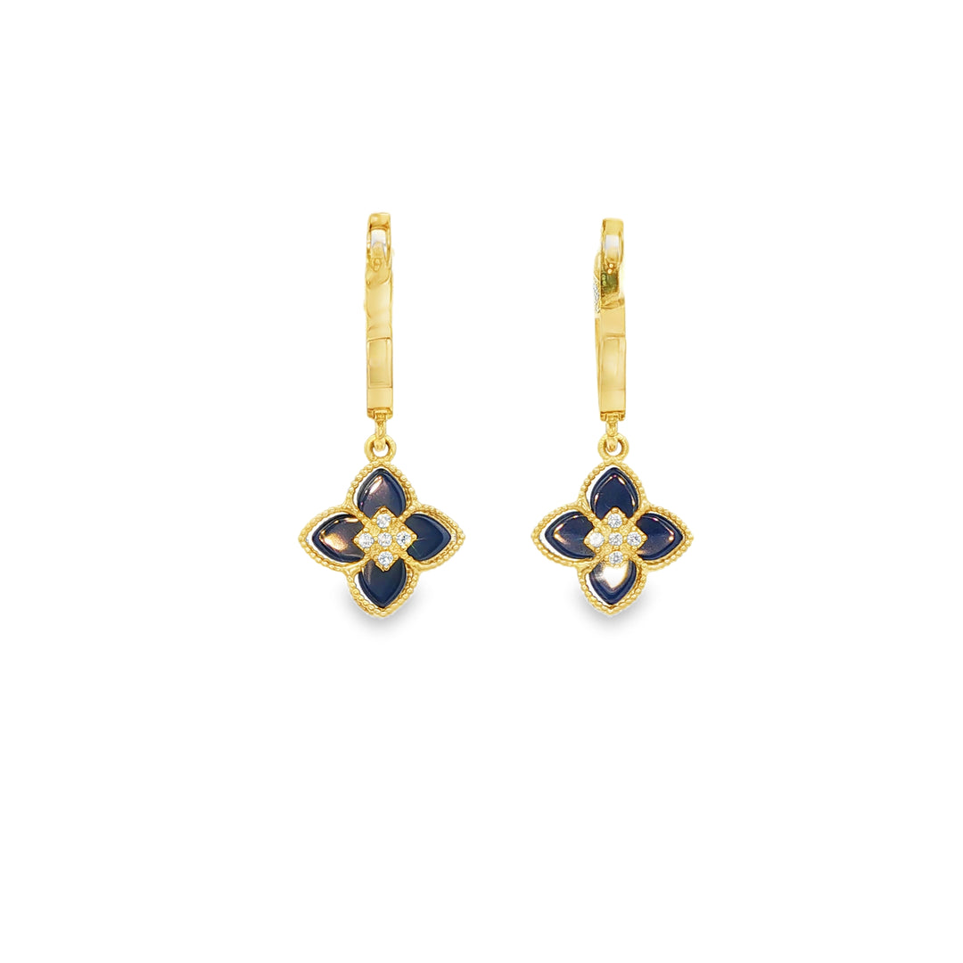Yellow Gold Dangle Earrings with Royal Blue stone and CZ Floral Quatrefoil