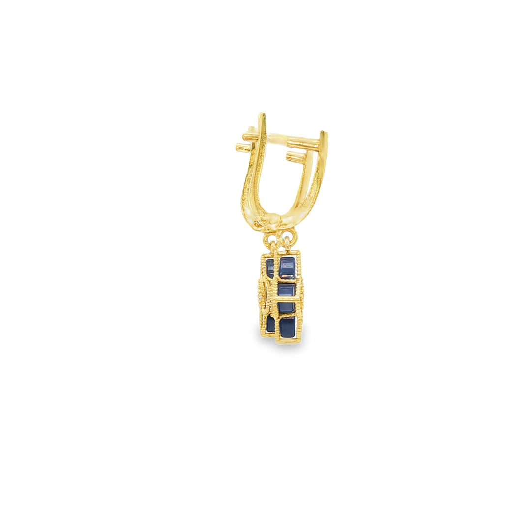 Yellow Gold Dangle Earrings with Royal Blue stone and CZ Floral Quatrefoil