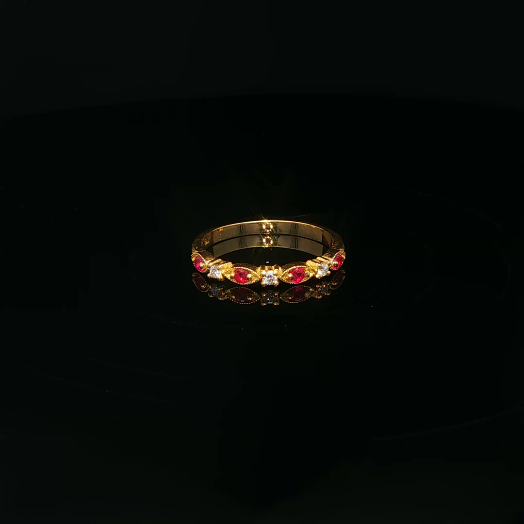 Yellow Gold Band Ring with Round Ruby & Diamond Gemstones