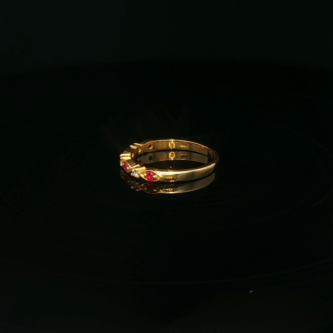 Yellow Gold Band Ring with Round Ruby & Diamond Gemstones
