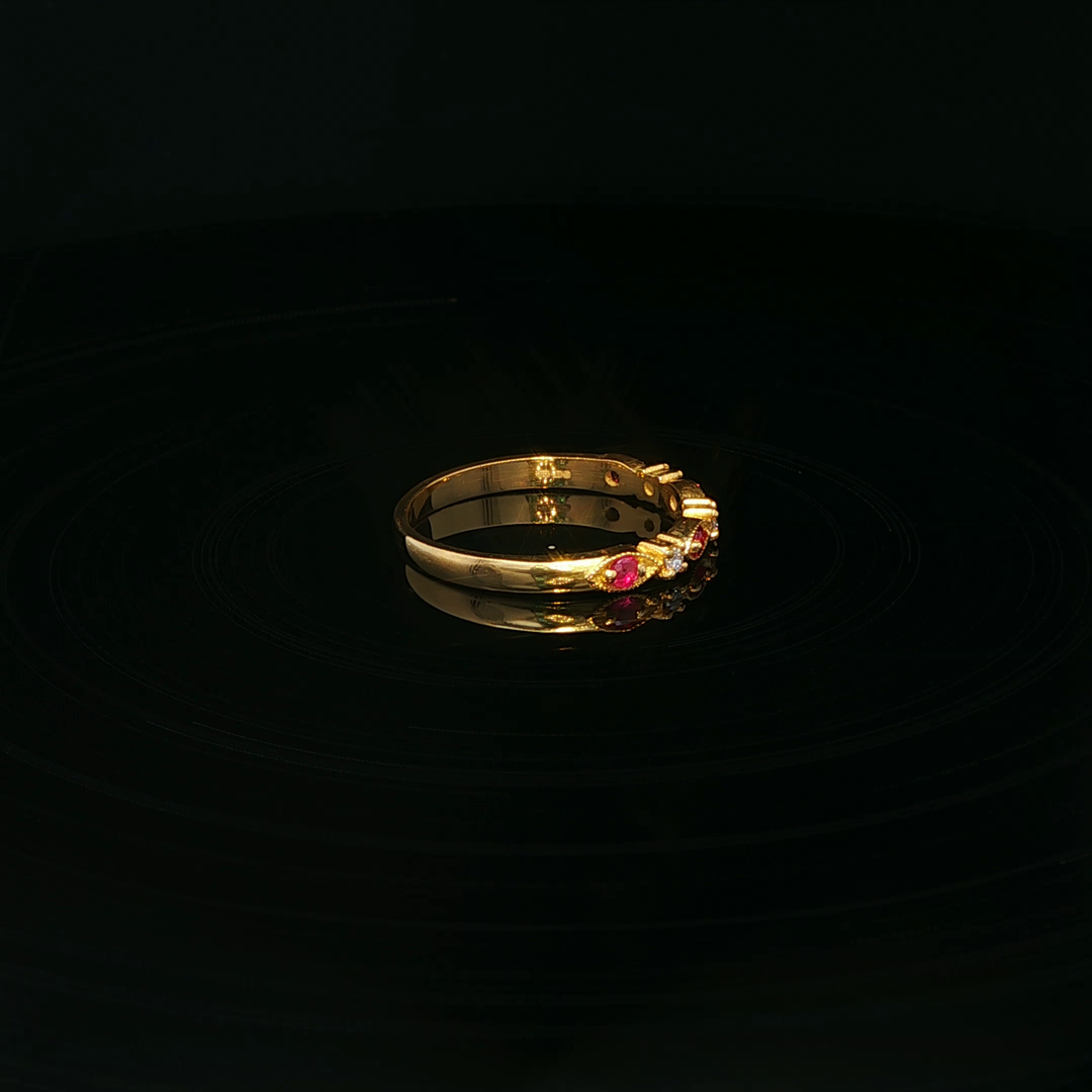 Yellow Gold Band Ring with Round Ruby & Diamond Gemstones