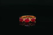 18ct Yellow Gold Ring with Oval Ruby Trio & Diamonds
