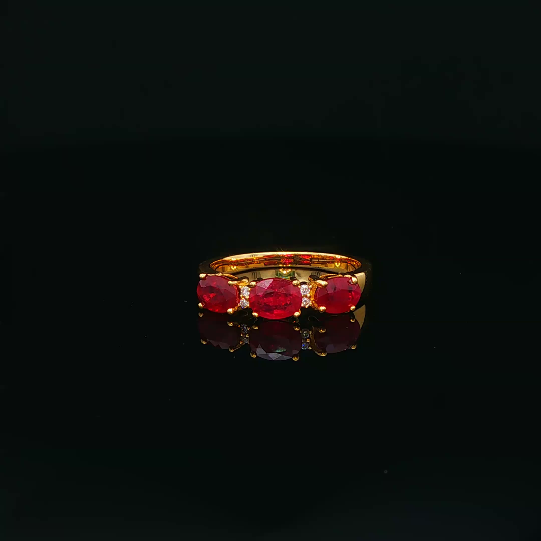 18ct Yellow Gold Ring with Oval Ruby Trio & Diamonds