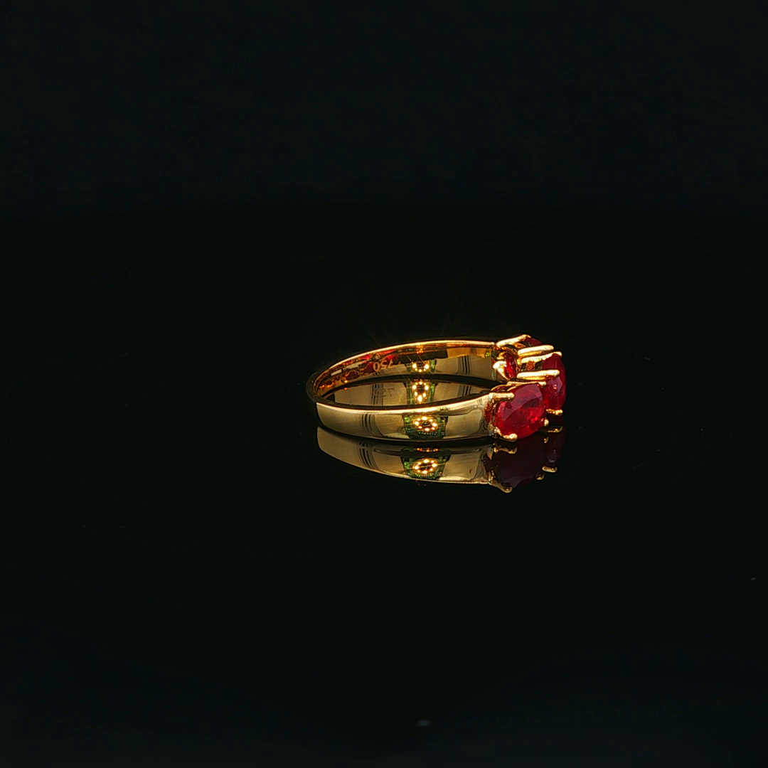 18ct Yellow Gold Ring with Oval Ruby Trio & Diamonds